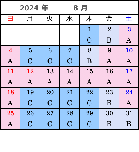 8月　今治･松山行き運賃カレンダー