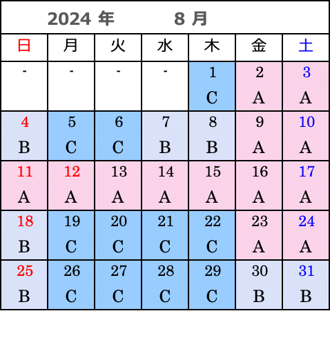 8月　福岡行き運賃カレンダー